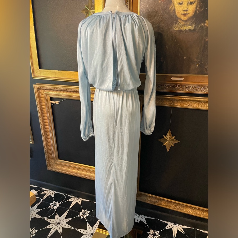 Vintage 70s Montgomery Ward Long Blue Dress with Lace S - Picture 2 of 10